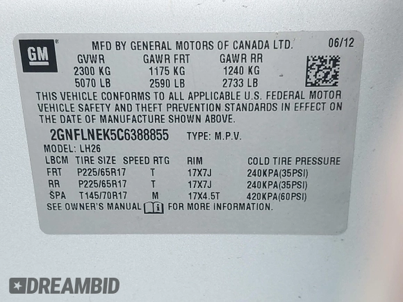 2012 Chevrolet Equinox LT w/2LT with VIN 2GNFLNEK5C6388855, listed as a IAAI auction lot 42035835 with 132,058 mi miles. Bid and sale history available at carsss.com. Image 9.