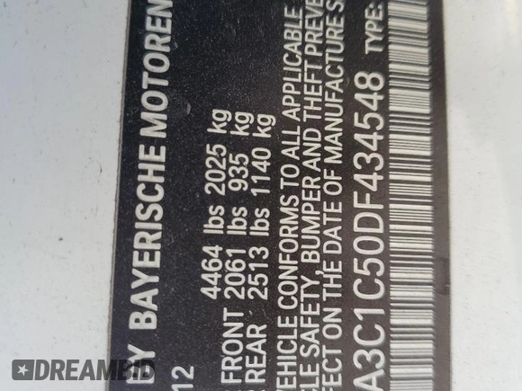 2013 BMW 3 Series 328i with VIN WBA3C1C50DF434548, listed as a Copart auction lot 88362395 with 140,092 mi miles and Salvage Title. Bid and sale history available at carsss.com. Image 12.