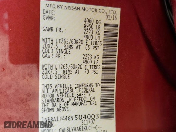 2016 Nissan Titan Platinum Reserve with VIN 1N6BA1F44GN504003, listed as a Copart auction lot 53953375 with Not provided miles and Non repairable. Bid and sale history available at DreamBid. Image 12.