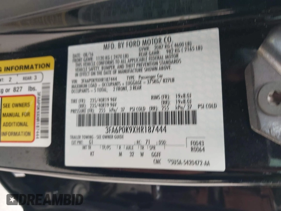 2017 Ford Fusion Titanium with VIN 3FA6P0K9XHR187444, listed as a IAAI auction lot 41753374 with 88,029 mi miles. Bid and sale history available at carsss.com. Image 9.