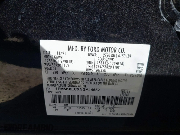 2022 Ford Explorer King Ranch z VIN 1FM5K8LCXNGA14552, wystawiony jako IAAI lot #40957270 z przebiegiem 50 460 mil mil oraz . Historia ofert i sprzedaży dostępna na DreamBid. Obrazek 9.