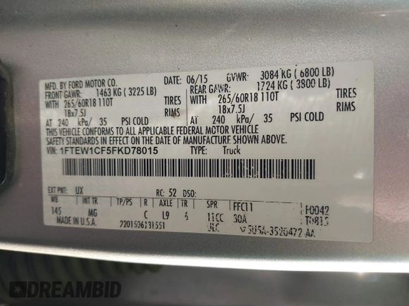 2015 Ford F-150 XL with VIN 1FTEW1CF5FKD78015, listed as a IAAI auction lot 41079398 with 273,779 mi miles. Bid and sale history available at carsss.com. Image 9.