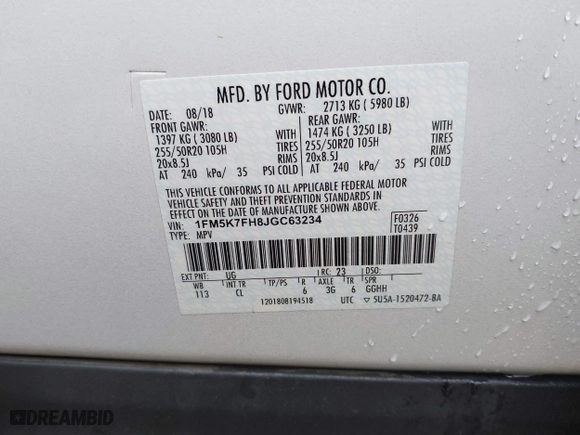2018 Ford Explorer Limited with VIN 1FM5K7FH8JGC63234, listed as a IAAI auction lot 40434875 with 126,394 mi miles. Bid and sale history available at carsss.com. Image 9.