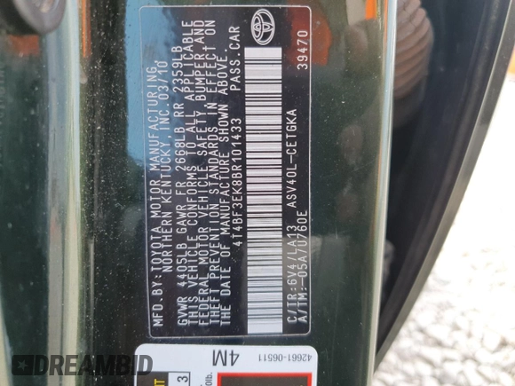 2011 Toyota Camry LE with VIN 4T4BF3EK8BR101433, listed as a Copart auction lot 53813715 with 70,269 mi miles and Salvage Title. Bid and sale history available at DreamBid. Image 12.