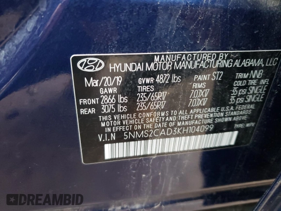 2019 Hyundai Santa Fe SE with VIN 5NMS2CAD3KH104099, listed as a Copart auction lot 37060083 with 75,704 mi miles and . Bid and sale history available at DreamBid. Image 14.