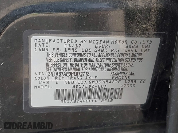 2017 Nissan Sentra SV with VIN 3N1AB7AP0HL672712, listed as a IAAI auction lot 42045700 with 174,139 mi miles and . Bid and sale history available at DreamBid. Image 9.