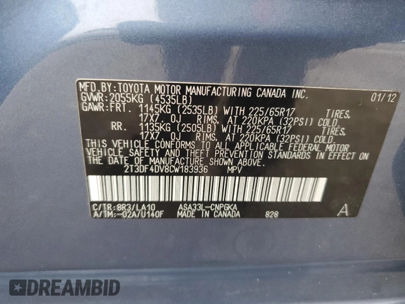 2012 Toyota RAV4 Limited с VIN 2T3DF4DV8CW183936, выставлен на аукционе Copart как лот 59969335 с пробегом 124 047 миль миль и Списание • Salvage title. История ставок и продаж доступна на DreamBid. Изображение 13.
