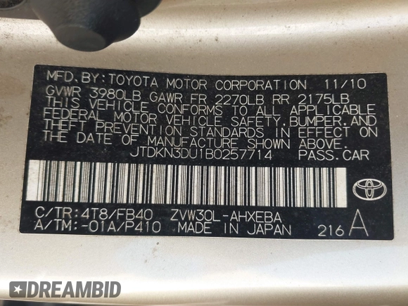 2011 Toyota Prius I with VIN JTDKN3DU1B0257714, listed as a IAAI auction lot 41520228 with 212,646 mi miles. Bid and sale history available at carsss.com. Image 9.