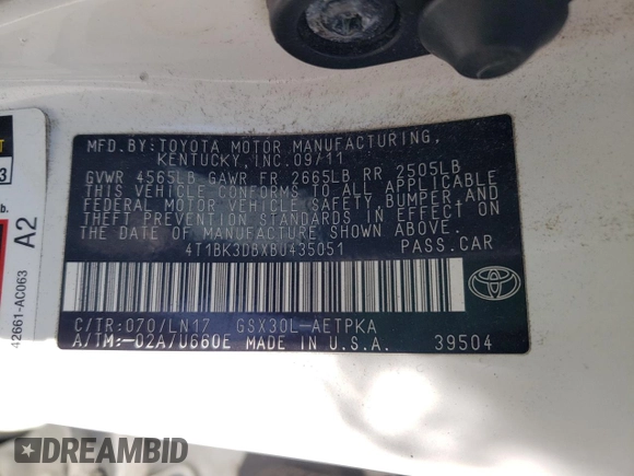 2011 Toyota Avalon with VIN 4T1BK3DBXBU435051, listed as a Copart auction lot 53160165 with 180,871 mi miles and Clean Title. Bid and sale history available at carsss.com. Image 13.
