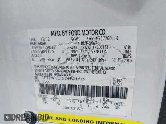 2013 Ford F-150 XL with VIN 1FTFW1ET5DFB01619, listed as a IAAI auction lot 41109292 with 247,785 mi miles. Bid and sale history available at carsss.com. Image 9.