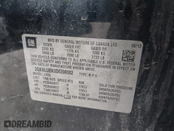 2013 GMC Terrain SLT with VIN 2GKALUEK0D6398082, listed as a IAAI auction lot 41914538 with 178,097 mi miles and . Bid and sale history available at carsss.com. Image 9.