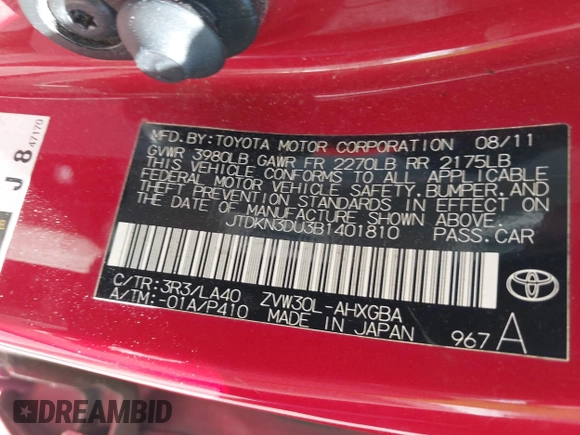 2011 Toyota Prius I with VIN JTDKN3DU3B1401810, listed as a IAAI auction lot 42041872 with 185,382 mi miles. Bid and sale history available at carsss.com. Image 9.