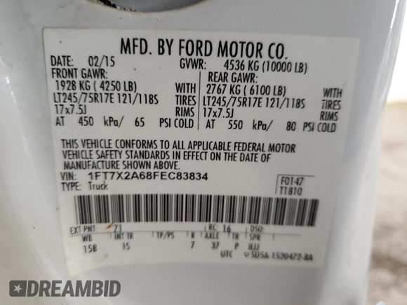 2015 Ford F-250 XLT с VIN 1FT7X2A68FEC83834, выставлен на аукционе Copart как лот 47985655 с пробегом 180 091 миль миль и Списание • Salvage title. История ставок и продаж доступна на DreamBid. Изображение 12.