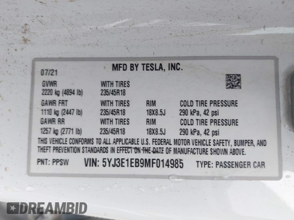 2021 Tesla Model 3 Long Range z VIN 5YJ3E1EB9MF014985, wystawiony jako IAAI lot #41672208 z przebiegiem 52 222 mil mil oraz . Historia ofert i sprzedaży dostępna na DreamBid. Obrazek 9.