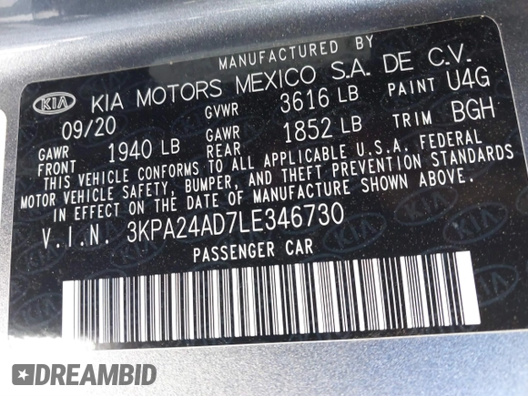 2020 Kia Rio LX with VIN 3KPA24AD7LE346730, listed as a IAAI auction lot 41854329 with 35,649 mi miles. Bid and sale history available at carsss.com. Image 9.