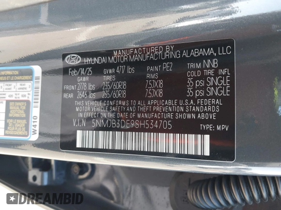 2025 Hyundai Tucson SEL with VIN 5NMJB3DE9SH534705, listed as a IAAI auction lot 41846301 with 101 mi miles and . Bid and sale history available at DreamBid. Image 9.