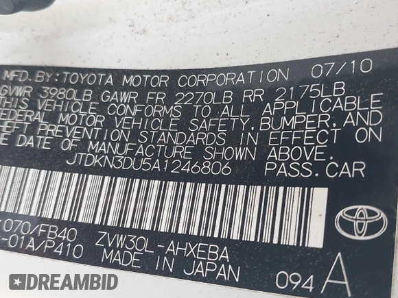 2010 Toyota Prius II z VIN JTDKN3DU5A1246806, wystawiony jako IAAI lot #42263662 z przebiegiem Nie podano mil oraz . Historia ofert i sprzedaży dostępna na DreamBid. Obrazek 9.