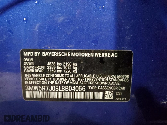 2020 BMW 3 Series 330i xDrive with VIN 3MW5R7J08L8B04066, listed as a Copart auction lot 37176253 with 32,638 mi miles and . Bid and sale history available at DreamBid. Image 12.