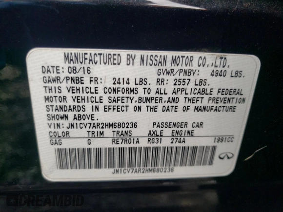 2017 Infiniti Q50 2.0t Sport with VIN JN1CV7AR2HM680236, listed as a Copart auction lot 71917884 with 84,212 mi miles and Salvage Title. Bid and sale history available at carsss.com. Image 13.