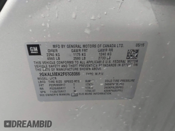 2015 GMC Terrain SLE with VIN 2GKALMEK2F6368066, listed as a IAAI auction lot 42182366 with 103,304 mi miles and . Bid and sale history available at DreamBid. Image 9.