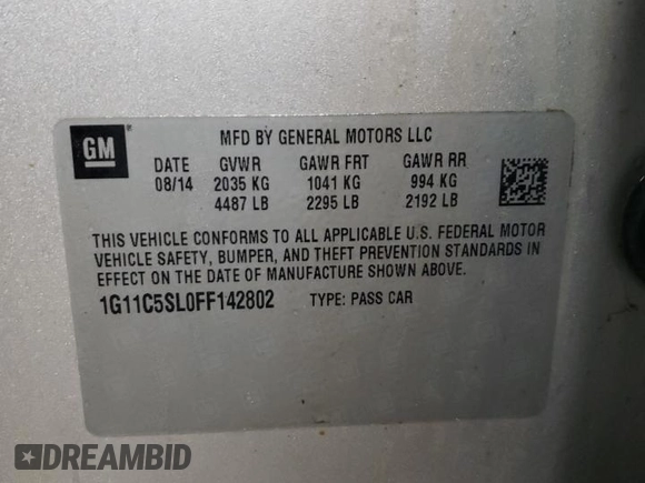 2015 Chevrolet Malibu LT with VIN 1G11C5SL0FF142802, listed as a Copart auction lot 51128165 with 135,202 mi miles and Salvage Title. Bid and sale history available at DreamBid. Image 12.