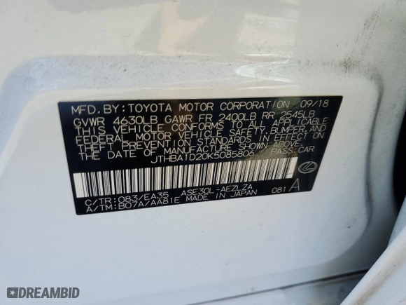 2019 Lexus IS with VIN JTHBA1D20K5085806, listed as a Copart auction lot 51327255 with 69,011 mi miles and Salvage Title. Bid and sale history available at carsss.com. Image 12.