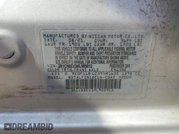 2021 Nissan Versa SV z VIN 3N1CN8EV3ML905913, wystawiony jako Copart lot #55330395 z przebiegiem 28 895 mil mil oraz Szkoda całkowita • Salvage title. Historia ofert i sprzedaży dostępna na DreamBid. Obrazek 13.