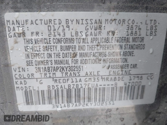 2019 Nissan Sentra SV with VIN 3N1AB7AP2KY302551, listed as a IAAI auction lot 41689215 with 88,048 mi miles and . Bid and sale history available at DreamBid. Image 9.