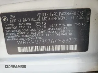 2008 BMW 3 Series 335i z VIN WBAVB73538KY63713, wystawiony jako Copart lot #56179545 z przebiegiem 82 967 mil mil oraz Szkoda całkowita • Salvage title. Historia ofert i sprzedaży dostępna na DreamBid. Obrazek 12.