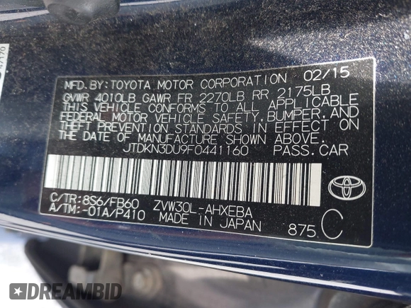 2015 Toyota Prius Four with VIN JTDKN3DU9F0441160, listed as a IAAI auction lot 42561281 with 186,192 mi miles and . Bid and sale history available at DreamBid. Image 9.