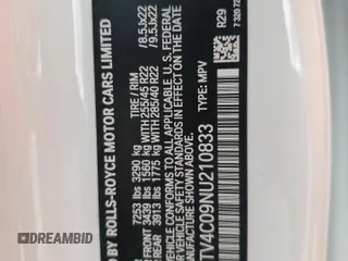 2022 Rolls-Royce Cullinan z VIN SLATV4C09NU210833, wystawiony jako Copart lot #86283314 z przebiegiem 6 301 mil mil oraz Nie do naprawy • Non repairable. Historia ofert i sprzedaży dostępna na DreamBid. Obrazek 13.