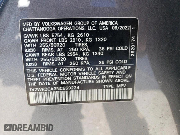 2022 Volkswagen Atlas SE with VIN 1V2WR2CA3NC559224, listed as a Copart auction lot 76897664 with 31,207 mi miles and Salvage title. Bid and sale history available at DreamBid. Image 15.