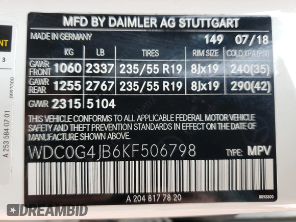2019 Mercedes-Benz GLC 300 with VIN WDC0G4JB6KF506798, listed as a Copart auction lot 55617685 with 122,025 mi miles and Clean title. Bid and sale history available at DreamBid. Image 13.