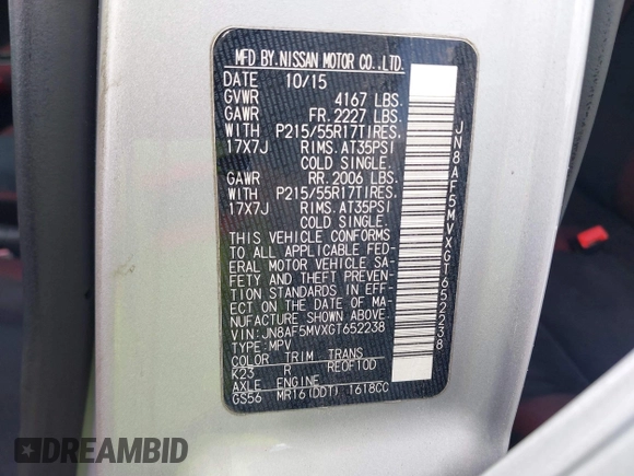 2016 Nissan Juke S with VIN JN8AF5MVXGT652238, listed as a IAAI auction lot 42768729 with 115,989 mi miles and . Bid and sale history available at DreamBid. Image 9.