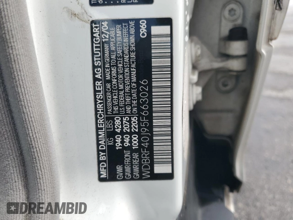2005 Mercedes-Benz C with VIN WDBRF40J95F663026, listed as a Copart auction lot 53573595 with Not Provided miles and Salvage Title. Bid and sale history available at DreamBid. Image 12.