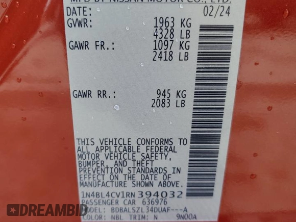2024 Nissan Altima SR with VIN 1N4BL4CV1RN394032, listed as a Copart auction lot 65071054 with 2,931 mi miles and Non Repairable. Bid and sale history available at DreamBid. Image 12.