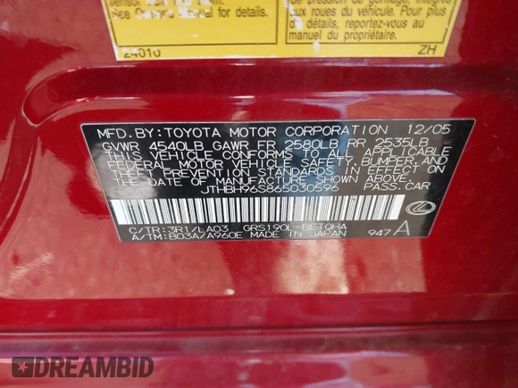 2006 Lexus GS 300 z VIN JTHBH96S865030596, wystawiony jako IAAI lot #41726102 z przebiegiem 156 700 mil mil oraz . Historia ofert i sprzedaży dostępna na DreamBid. Obrazek 9.