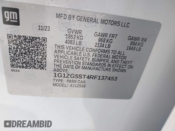 2024 Chevrolet Malibu RS with VIN 1G1ZG5ST4RF137453, listed as a IAAI auction lot 42063825 with 3,155 mi miles and . Bid and sale history available at carsss.com. Image 9.