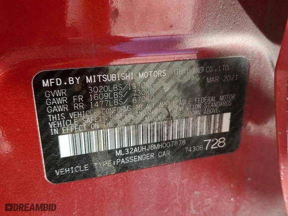 2021 Mitsubishi Mirage ES with VIN ML32AUHJ8MH007878, listed as a Copart auction lot 49356785 with 103,550 mi miles and Salvage Title. Bid and sale history available at carsss.com. Image 14.