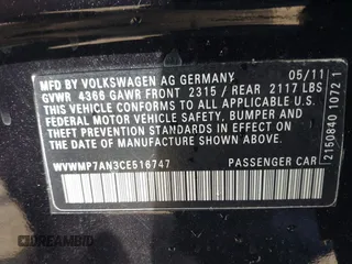2012 Volkswagen CC Sport PZEV with VIN WVWMP7AN3CE516747, listed as a IAAI auction lot 42150237 with 125,157 mi miles. Bid and sale history available at carsss.com. Image 9.
