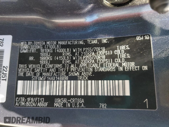 2010 Toyota Tundra with VIN 5TFUW5F14AX148898, listed as a Copart auction lot 63316765 with 79,983 mi miles and Salvage title. Bid and sale history available at DreamBid. Image 13.