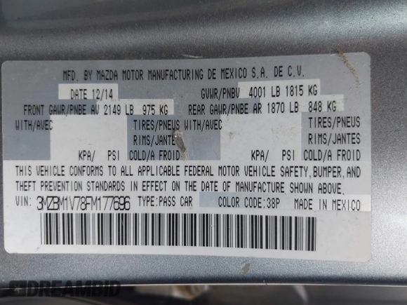 2015 Mazda 3 i Touring with VIN 3MZBM1V78FM177696, listed as a IAAI auction lot 42139197 with 172,940 mi miles and . Bid and sale history available at DreamBid. Image 9.