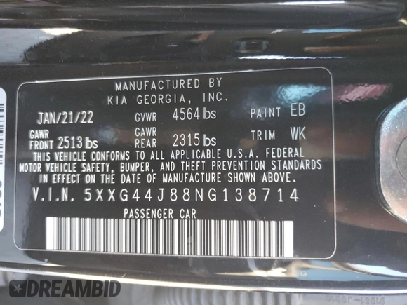 2022 Kia K5 GT with VIN 5XXG44J88NG138714, listed as a Copart auction lot 83156444 with 22,315 mi miles and Salvage Title. Bid and sale history available at carsss.com. Image 14.