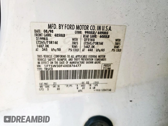 1999 Ford F-350 XL with VIN 1FTSW30F4XEB76477, listed as a Copart auction lot 56373415 with 240,170 mi miles and Salvage title. Bid and sale history available at DreamBid. Image 12.