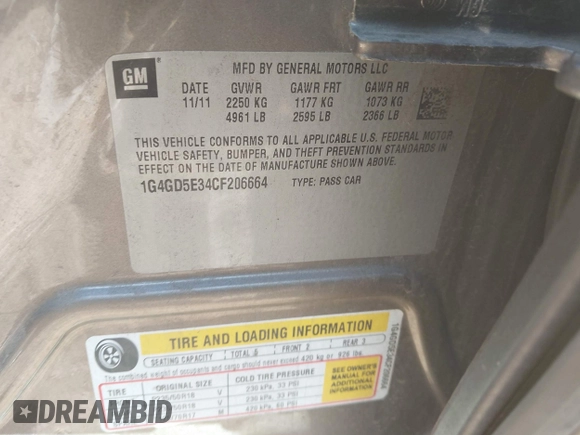 2012 Buick LaCrosse Premium 1 with VIN 1G4GD5E34CF206664, listed as a IAAI auction lot 42224084 with 199,682 mi miles and . Bid and sale history available at DreamBid. Image 9.