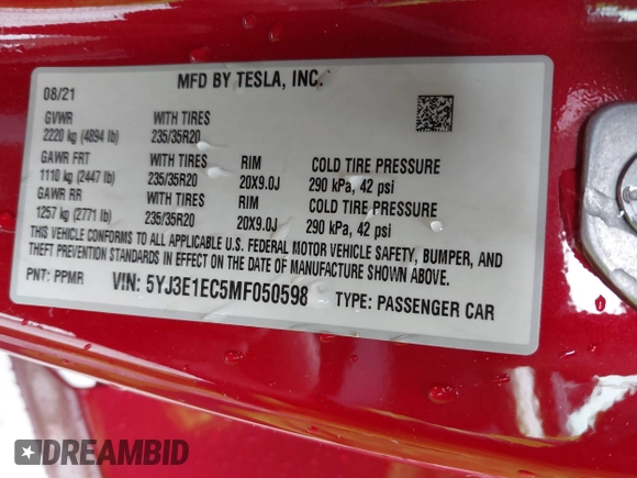 2021 Tesla Model 3 Performance with VIN 5YJ3E1EC5MF050598, listed as a IAAI auction lot 41778169 with 74,710 mi miles and . Bid and sale history available at carsss.com. Image 9.