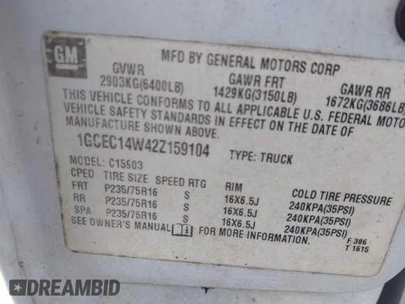 2002 Chevrolet Silverado 1500 Commercial with VIN 1GCEC14W42Z159104, listed as a IAAI auction lot 42183857 with 257,956 mi miles and . Bid and sale history available at DreamBid. Image 9.