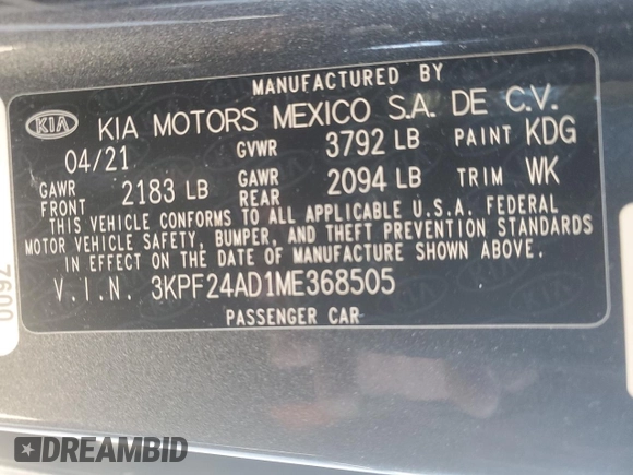 2021 Kia Forte LXS with VIN 3KPF24AD1ME368505, listed as a Copart auction lot 49310785 with 62,764 mi miles and Salvage Title. Bid and sale history available at carsss.com. Image 12.