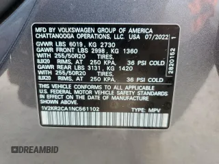 2022 Volkswagen Atlas SE z VIN 1V2KR2CA1NC561102, wystawiony jako Copart lot #49273605 z przebiegiem 43 983 mil mil oraz Szkoda całkowita • Salvage title. Historia ofert i sprzedaży dostępna na DreamBid. Obrazek 13.