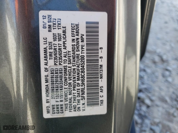 2012 Honda Odyssey EX-L with VIN 5FNRL5H68CB045200, listed as a Copart auction lot 49734055 with 123,577 mi miles and Salvage Title. Bid and sale history available at carsss.com. Image 15.